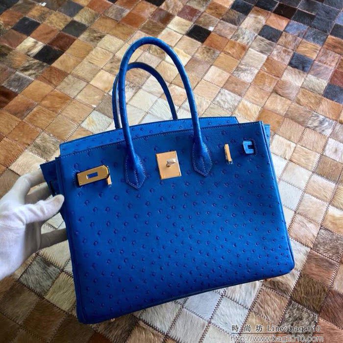 HERMES愛馬仕 鉑金包 Birkin 南非原產KK級鴕鳥皮 頂級工藝 希臘藍 手縫蠟線 手提包  Ama1234